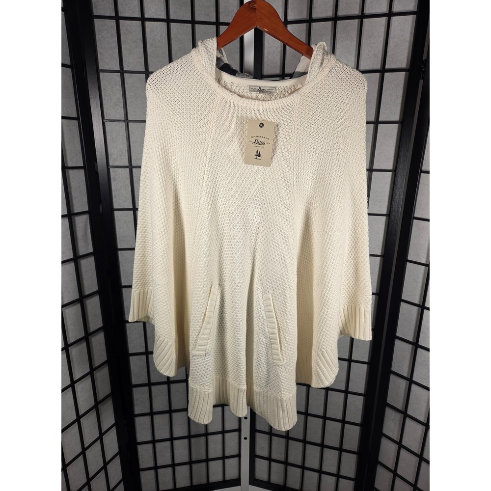 GH Bass Hooded Poncho Sweater Cream Off White Plaid Lined Hood Pockets Large